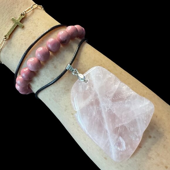 Rose Quartz Pendant Necklace pink rhodonite bracelet fashion accessories bundle - Picture 4 of 10